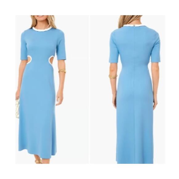 Tuckernuck Zeppelin Midi Dress Cut Outs Newport Blue White Braid Neck Medium - Picture 1 of 12